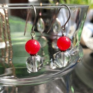 Custom made red Jade & Quartz Crystal Earrings